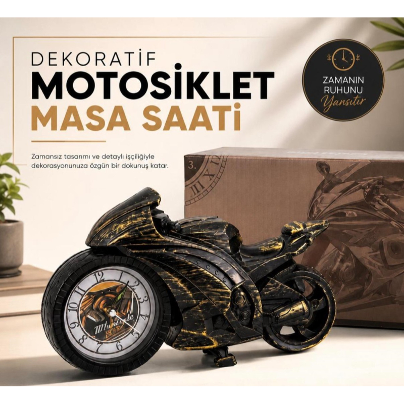 Motosiklet Tasarımlı Masa Saati - Dekoratif Hediyelik - Dayanıklı Malzeme  - 3
